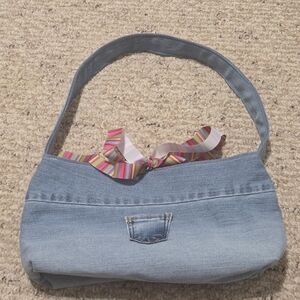 Stylish Denim Tote Bag with Multicolor Ribbon